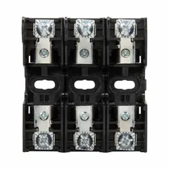 Three-pole open-block fuse holder for UL Class RK1 and RK5 fuses. Rated 250 V AC with pressure plate terminals and non-indicating design. Suitable for mounting in industrial power distribution, motor control centers, and panel boards for overcurrent protection.