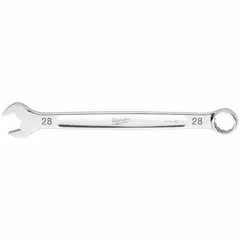 Steel combination wrench with chrome finish. 28 mm head size, 14 3/8 in overall length. 12-point box end provides grip on hex fasteners. Used for tightening or loosening fasteners in mechanical assembly and maintenance.