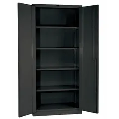 This stationary, welded cabinet is constructed from galvannealed steel with a dark gray powder-coated finish for corrosion resistance. It includes 4 adjustable shelves and a swing handle with padlock hasp for secure storage. Suitable for industrial environments requiring organized storage of tools, parts, and equipment.