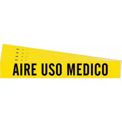 Yellow adhesive pipe marker with black legend reading 'Aire Uso Medico'. Fits pipe outer diameters from 2-1/2 to 7-7/8 inches. Pack of 5 markers without arrows. Used for identifying medical air piping systems in healthcare facilities.