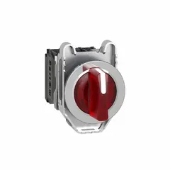 This illuminated selector switch from the XB4 series features a short-handled knob operator head with a metallic bezel and plastic operator head. It offers three maintained positions (On-Off-On) with 1NO/1NC contacts, rated AC 6 A @ 120 V and DC 0.27 A @ 250 V. Suitable for panel-mount control applications requiring visual status indication and three-position switching.