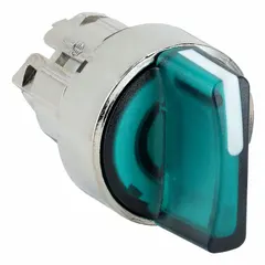 This illuminated selector-switch operator from the Series XB4 features a 2-position maintained/maintained action with a metallic bezel. It is designed for 22 mm panel mount installation and does not include a cam. Typical applications include industrial control panels for machine start/stop or mode selection.
