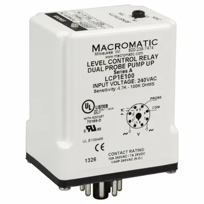 MACROMATIC Liquid Level Relay: Socket Mounted, Dual Probe, 10 A Current Rating, 240V AC - Socket-Mounted Relays