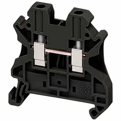 DIN rail mount pass-through block with screw clamp wire termination. Accepts minimum 26 AWG wire. Used for connecting and distributing wires in control panels and automation systems.