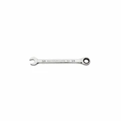 This SAE 12-point ratcheting combination wrench features a 5/8 in head size and is constructed from alloy steel with a full polish chrome finish. The ratcheting box end allows for efficient fastening without repositioning, suitable for automotive repair, industrial maintenance, and mechanical assembly.
