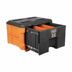 This polymer tool box in orange features one drawer and a latch closure. It is designed for organizing and transporting tools, providing quick access to hand tools, fasteners, or small parts on job sites.