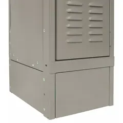 Steel side base component for standard lockers, with a 1/8 in footplate width. Designed for one base per pedestal to support locker ends in institutional or commercial changing areas. Powder coated tan finish.
