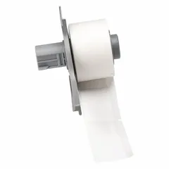 Wraparound P-shaped label, 1 3/4 in x 1 in, white matte polypropylene. 100 labels per roll. Compatible with BMP71 printer; requires M7-R4300 ribbon. Used for cable, wire, and component identification in industrial settings.