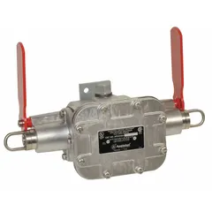 Double-head cable-pull switch with left and right pull cord locations, maintained action, and actuator reset. Cast aluminum case with flag arm indicator and conduit wiring entry. AC contact rating 20 A @ 250 V, DC contact rating 0.25 A @ 250 V, 1 HP @ 125 V AC. Used for emergency stop applications on conveyors, assembly lines, and other industrial machinery.
