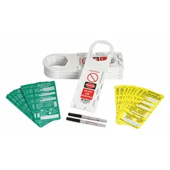 Green/white/yellow rectangle PVC tag, 3 1/2 in wide by 11 3/4 in high, with English text. Suitable for indoor/outdoor use. Used for scaffold inspection labeling and general safety identification in industrial environments.