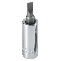 Slotted bit socket with 1/4 in drive size and 1/4 in slotted tip for SAE fasteners. Features a replaceable insert. Used for driving slotted screws in automotive, machinery, and general assembly applications.