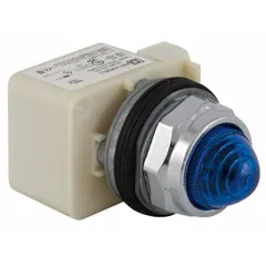 Blue LED pilot light from the SCHNEIDER 9001K Series for 30 mm panel mounting. Provides visual status indication on industrial control panels and automation systems. No push-to-test function included.