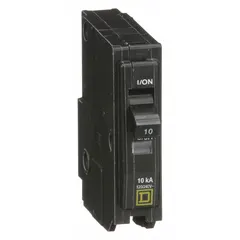The SQUARE D QO110 is a 10 A, single-phase, 1-pole plug-in miniature circuit breaker rated for 120/240V AC with a maximum interrupting rating of 10kA at 120/240V AC. Designed for use with QO Load Centers and NQ Panelboards, it provides overcurrent protection for branch circuits in residential and commercial electrical distribution systems.