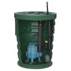 This simplex sewage ejector pump system includes a 41-gallon basin and a 2/5 hp motor rated at 120V AC. It delivers a flow rate of 70 gpm at 10 feet of head with a 4-inch discharge and features a piggyback tether float switch for automatic operation. Designed for pumping wastewater and sewage from below-grade fixtures to a higher-level sewer line where gravity drainage is not feasible.