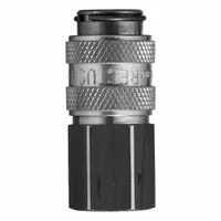 Brass quick-connect coupling body with ball locking mechanism for compressed air systems. 3/8"-18 thread size, 3/8" female hose fitting. Used to connect pneumatic tools and hoses in maintenance, assembly, and manufacturing applications