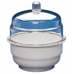 Round polycarbonate desiccator with 0.2 cu ft capacity and 9 1/8 in overall diameter. Designed for non-vacuum use, it provides a sealed, low-humidity environment for moisture-sensitive materials in laboratory storage and handling.
