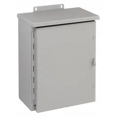 This steel enclosure features a hinged, solid painted cover with a 1/4-turn latch closure. Rated NEMA 3R, it provides protection against rain and sleet for indoor or outdoor use. Commonly used to house electrical controls, terminals, and instruments. Knockouts are not included.