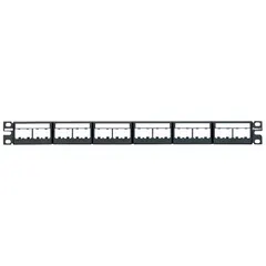 This 1-rack-unit, 24-port steel patch panel is unshielded and features a flat design with a label pocket for port identification. It accepts Panduit Mini-Com Modules and provides front access for cable termination in structured cabling systems.