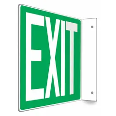 This L-shape projection exit sign is made of PETG with a nominal size of 8 in x 12 in. It features mounting holes for installation and is printed on two sides. The sign is not retroreflective and does not glow in the dark. It is used to mark emergency exits in commercial and industrial facilities, projecting from walls or ceilings for visibility from multiple directions.