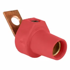 Female single pole receptacle rated 400 A with straight taper nose mating and angled one-hole bus bar termination. Used for high-current power distribution in switchgear, panelboards, and busway systems.