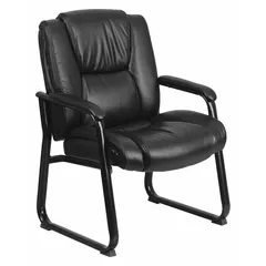 This guest and side chair features a black faux leather back and seat with a waterfall seat design. It has a sled base and four casters/glides for mobility. Suitable for waiting areas, conference rooms, and office lobbies.