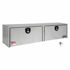 Double drop-down door topside box with T-handle compression lid and keyed lock, finished in silver. Designed for secure, organized storage of tools and equipment on service trucks, protecting contents from weather and theft.