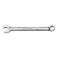This SAE 12-point combination wrench features a 1-1/2 in head size and an offset design for accessing recessed fasteners. Constructed from alloy steel with a full polish chrome finish, it is suited for tightening or loosening bolts in automotive, industrial, and mechanical applications.