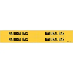 Yellow adhesive pipe marker with black legend text reading 'Natural Gas'. Fits pipe outer diameters from 3/4 to 2-3/8 inches. Pack includes 4 markers without arrows. Used for identifying natural gas piping in industrial and commercial facilities.