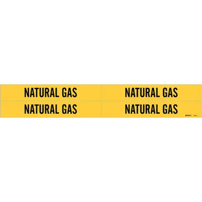 BRADY Pipe Marker: Natural Gas, Yellow, Black, Fits 3/4 to 2 3/8 in Pipe O.D. - Natural Gas Adhesive Pipe Markers