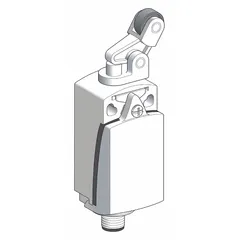 This limit switch features a top-mount roller-plunger actuator and a non-metallic thermoplastic housing. It is equipped with a 5-pin M12 connector for electrical connection. Typical applications include position sensing in industrial automation, packaging, and material handling systems.