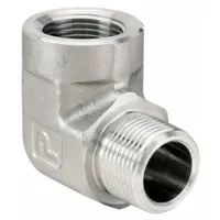 This 90° metal pipe elbow is made from 316 stainless steel with a fitting pipe size of 3/4 in x 3/4 in and a maximum operating pressure of 3,500 psi. It has an overall length of 2 55/64 in. Used in extreme-pressure instrumentation systems to change fluid direction by 90 degrees