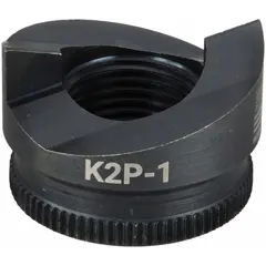 Round knockout punch and die set for creating clean holes in 10 ga sheet steel. Nominal size 1 1/2 in. Designed for battery-hydraulic operation. Suitable for electrical panel fabrication, junction box installation, and metal enclosure work.