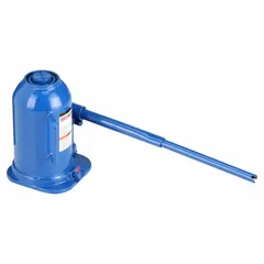 This manual-handle-operated bottle jack has a 10-ton load capacity and a steel body. Its high-clearance design allows lifting of low-profile equipment. Typical applications include lifting heavy loads in automotive repair, industrial maintenance, and construction settings.