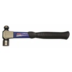 Ball-peen hammer with a 32 oz steel head, 1 1/2 in face diameter, and 15 in overall length. Features a fiberglass handle with a steel, textured grip. Used for shaping metal, striking chisels, and riveting in metalworking and fabrication tasks.