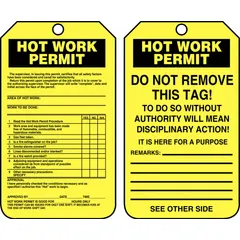 Yellow single-part tags for identifying hot work permit areas. Each tag displays a warning legend on one side. Pack of 25 tags. Fastener not included. Suitable for use in welding, cutting, or other spark-producing work zones to indicate permit status.