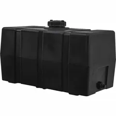 Vertical square liquid storage tank with closed top, 50-gallon capacity, and 3/16-inch wall thickness. Constructed of polyurethane for chemical resistance. Suitable for non-pressurized fluid containment in industrial or warehouse settings.