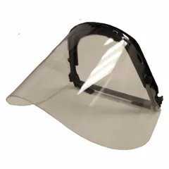 This face shield assembly is constructed with dielectric neoprene and a clear Tritan visor. It is designed for mounting on Bullard Advent hard hats to provide impact protection and electrical insulation in industrial settings such as manufacturing and construction.