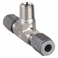 Stainless steel compression tee from the Ferulok series with a flareless bite-type design. Connects three 1/4 in OD tubes with a 1/4 in pipe thread. Used for branching in hydraulic, pneumatic, and instrumentation tubing systems