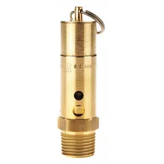 Hard seat pneumatic safety valve with 1/2 in male NPT inlet and 1/4 in female NPT outlet. Constructed with a brass body and stainless steel internal components. Used to protect compressed air systems from overpressure in industrial air compressors, pneumatic networks, and process equipment.