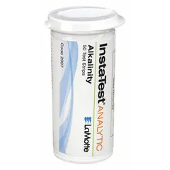 Single-parameter test strips for measuring total alkalinity in water. Each strip provides a reading from 0 to 180 ppm. Pack includes 50 strips, each 3 inches long. Suitable for on-site alkalinity testing in water treatment and process monitoring.