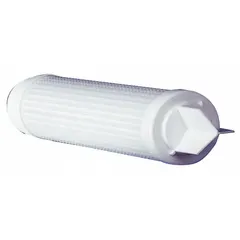 Pleated water filter cartridge with polypropylene media. Rated at 0.2 micron for fine particulate removal. Flow capacity of 70 gpm. Overall height 10 inches. Suitable for industrial water filtration in process water, cooling systems, and pre-treatment applications.
