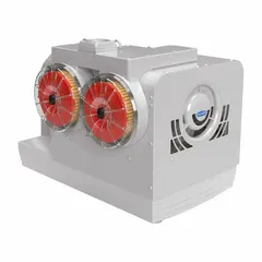 Three-phase claw pump for industrial vacuum generation. IP55 enclosure protects against dust and water jets. Connections: 2 1/2 in G female. Suitable for material handling, packaging, and automation systems.