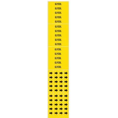 BRADY Pipe Marker: Glycol, Yellow, Black, Fits 3/4 in and Smaller Pipe O.D. - Glycol Adhesive Pipe Markers