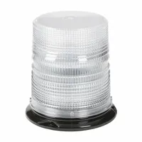 White LED warning beacon with round shape and pipe mount. Overall height 6 11/16 in, width 6 3/8 in. Operates on 12 to 24V DC with blunt cut wires. Features 26 selectable flash patterns and SAE Class 2 lighting rating for vehicle warning applications