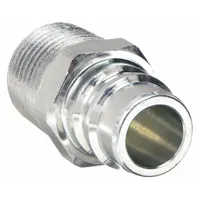 Steel-bodied quick-connect coupling plug for hydraulic systems. Features 1/2"-14 MNPT threads, Buna seal material, and a maximum flow rate of 53 lpm. Used for fast, leak-free connection and disconnection of fluid lines in industrial machinery and mobile equipment