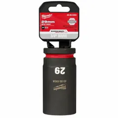 This 3/4" drive deep impact socket is designed for heavy-duty fastening tasks in automotive, construction, and industrial settings. The 29 mm, 6-point metric socket features a friction retention mechanism for secure attachment to impact tools. Its black phosphate finish provides corrosion resistance.