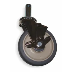 Swivel friction-ring stem caster with side brake. Wheel diameter 5 in, wheel width 1 1/4 in. Polyurethane wheel, gray finish. Suitable for furniture, office equipment, carts, shelving, and light-duty industrial applications requiring quiet, floor-safe movement.