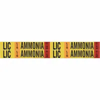 Pipe marker for liquid ammonia (LIC) lines at high pressure, LIQ phase. Fits pipe O.D. from 3/4 to 2-3/8 in. Pack of 4 markers without arrows. Used in industrial refrigeration systems for line identification