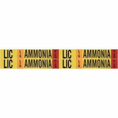 Pipe marker for liquid ammonia (LIC) lines at high pressure, LIQ phase. Fits pipe O.D. from 3/4 to 2-3/8 in. Pack of 4 markers without arrows. Used in industrial refrigeration systems for line identification.