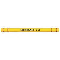 Suspended clearance bar made of yellow HDPE with red stripe for outdoor use. Includes two eye hooks and mounting hardware. Used to mark height restrictions in loading docks, warehouse aisles, and parking structures to prevent vehicle collisions